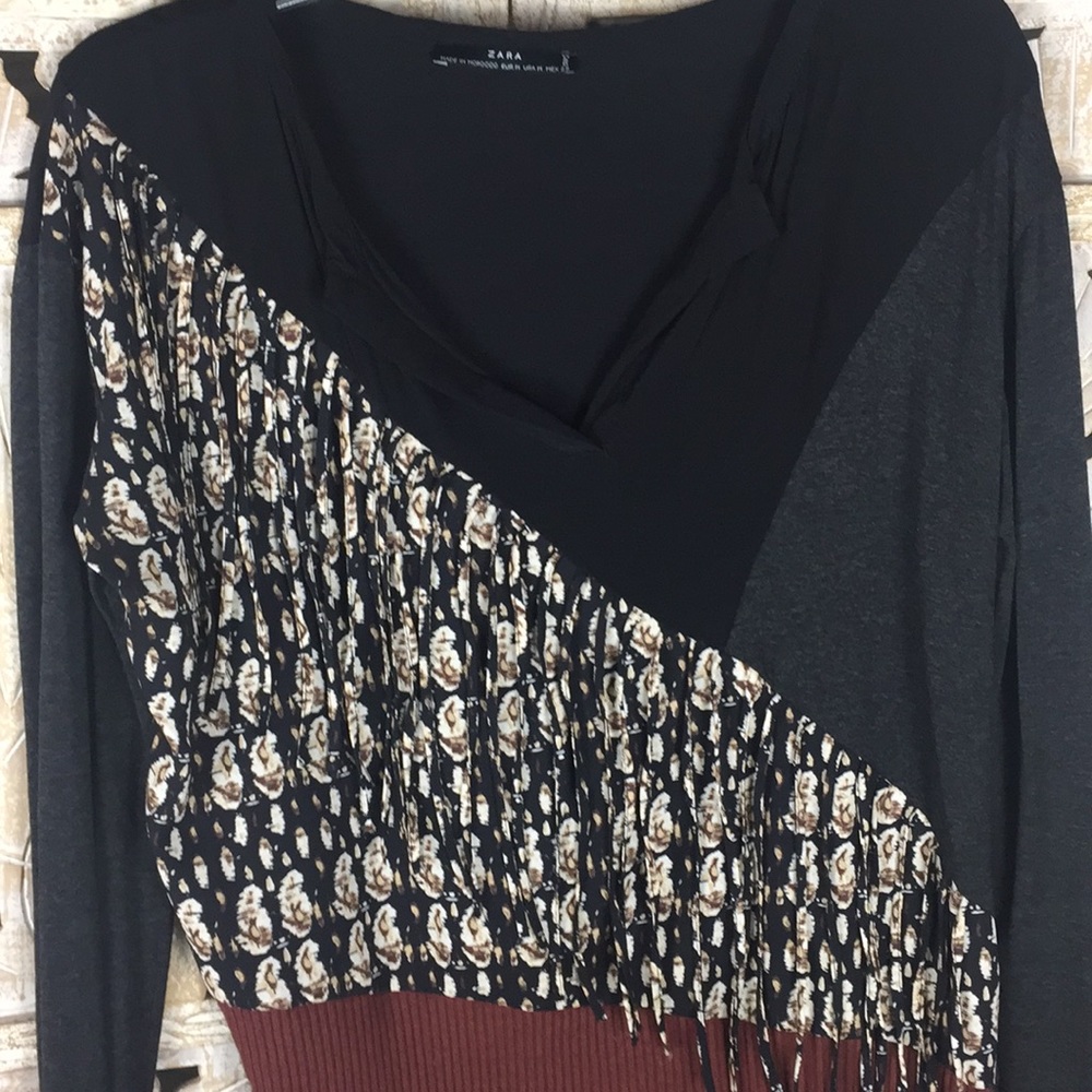 Zara Fringed Colorblock Patchwork Pullover Top - image 3